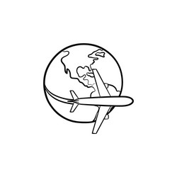 airplane flying around the world hand drawn icon vector