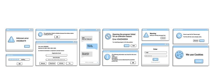 set of window error pop up in blue color old style vector image