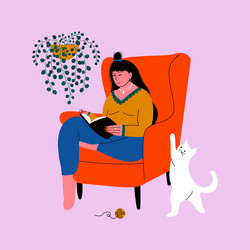 Woman reading book girl on sofa with cat vector