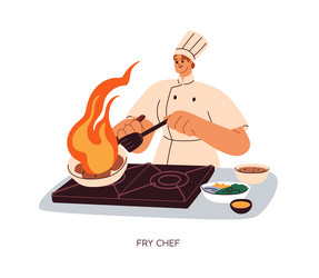 Chef cooking food on frying pan heating with fire vector