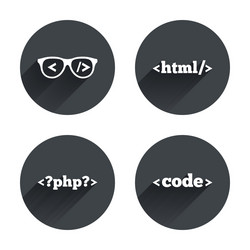 Programmer coder glasses html markup language vector