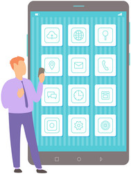 man looks at icons of applications on smartphone vector image