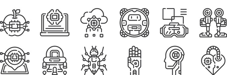 12 set linear robotics icons thin outline vector