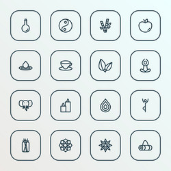 Meditation icons line style set with apple cup vector