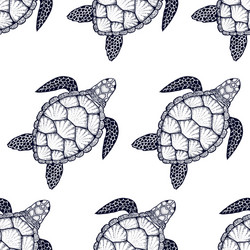 seamless pattern with sea turtle in line art style vector