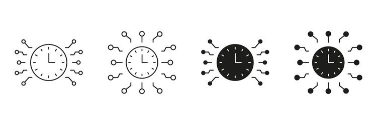 clock with circuit lines line and solid icon set vector image
