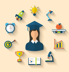 flat icons of graduation and objects for high vector image