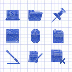 set computer mouse blank notebook and pencil vector image