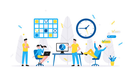 tiny people characters working together with table vector image