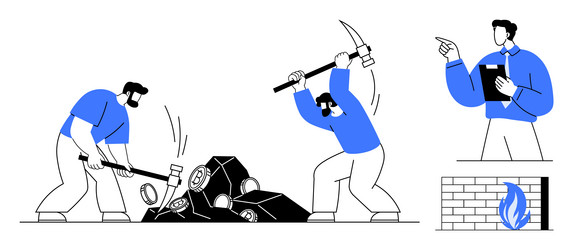 workers mining coal with tools under supervision vector image