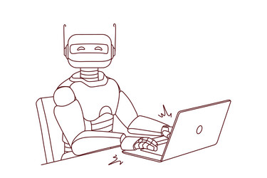 Robot working on laptop at desk vector