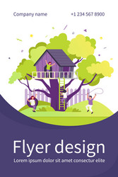 Children playing in playground with treehouse vector