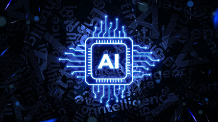 glowing ai chipset processor with scattered text vector image