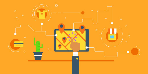 hand pointing at map on tablet computer horizontal vector image