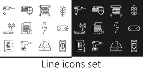 Set line smartphone with shield gamepad paper vector