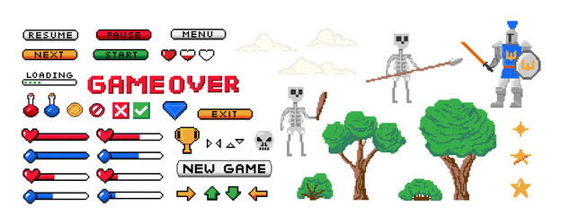 game 8-bit set pixel start screen and interface vector image