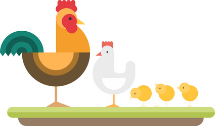 Farm animal rooster hen and chickens flat style vector