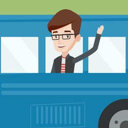 Man waving hand from bus window vector