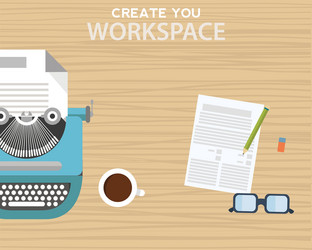 Workspace with typewriter coffee mug notes vector