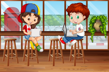 girl and boy using computer in the pub vector