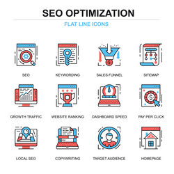 flat line seo optimization icons concepts set vector image