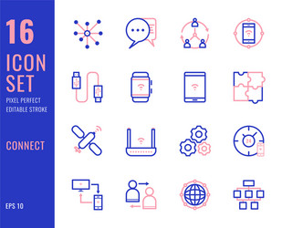 set 16 icons connection related thin line style vector