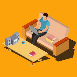 man using laptop on sofa at home isometric vector image