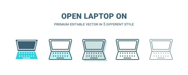 Open laptop on icon in 5 different style outline vector