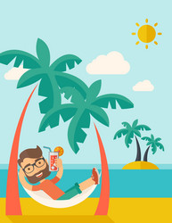 young man on th beach relaxing and drinking vector