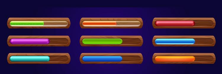 set of wooden progress bars with color scales vector