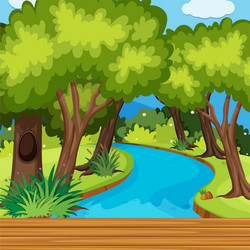 forest scene with many trees and river vector