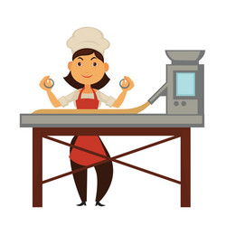 Female cook and big factory machine for dough vector