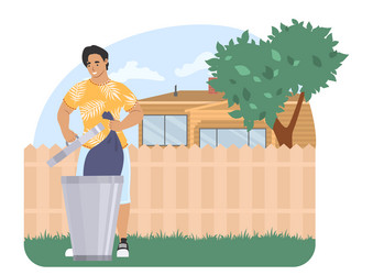 man throwing garbage bag into trash can vector image