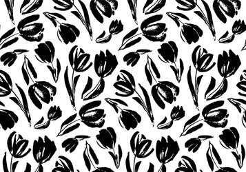 Black and white sketch tulip seamless pattern vector