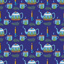 seamless christmas pattern with teapot and mugs vector image