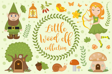 Cute forest elf character set of objects vector