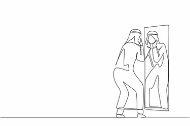 Single one line drawing happy arab man opening Vector Image