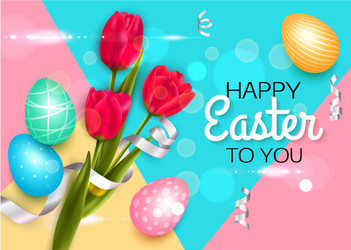 easter background with colorful eggs tulips vector image