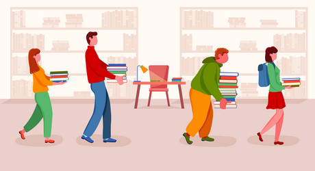 Student with book stack queue at library vector