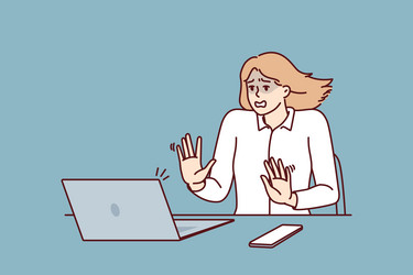 Frightened businesswoman looking at laptop after vector