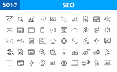 set of 50 seo and development web icons in line vector image