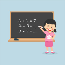 little girl solving math problem blackboard vector