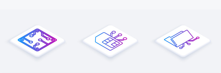 set isometric line processor sim card and folder vector image