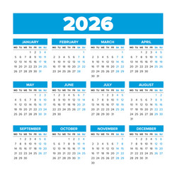 Simple calendar on 2026 start from monday Vector Image