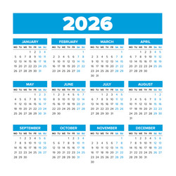 simple calendar 2026 weeks start on monday vector