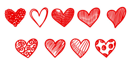 set doodle hearts isolated on white background vector