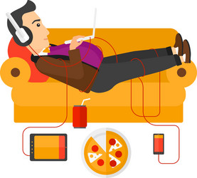 man with gadgets lying on sofa vector