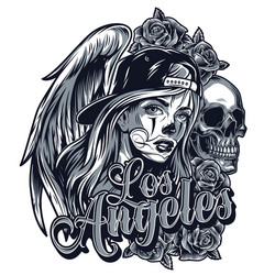 Chicano Angel Girl with Skull & Rose Vector Image