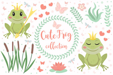 Cute frog princess character set of objects vector