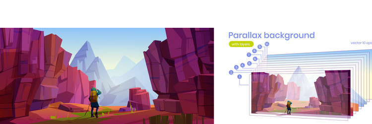 Parallax background with hiker walks in canyon vector